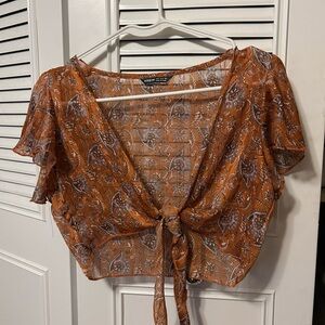 Brown Paisley Tie-Front Top
